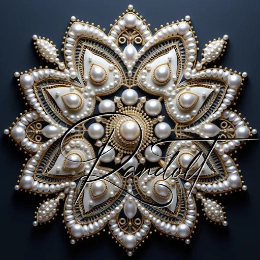 Intricate floral mandala with pearls and golden accents on a dark background, featuring elegant script overlay.