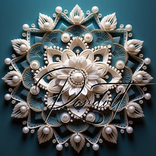 Intricate white mandala design on teal background with floral patterns and pearls, overlaid with cursive handwriting.