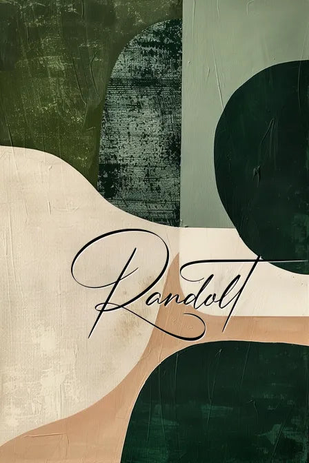 Abstract art with green and beige shapes, textured surfaces, and cursive 'Randolt' text overlay.