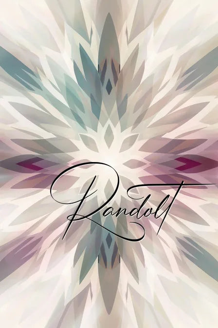 Abstract floral pattern with "Randolt" in cursive, featuring soft pastel hues of blue, purple, and beige.