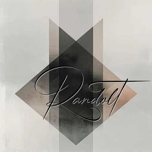 Geometric abstract art with overlapping gray shapes and elegant script handwriting overlaid.