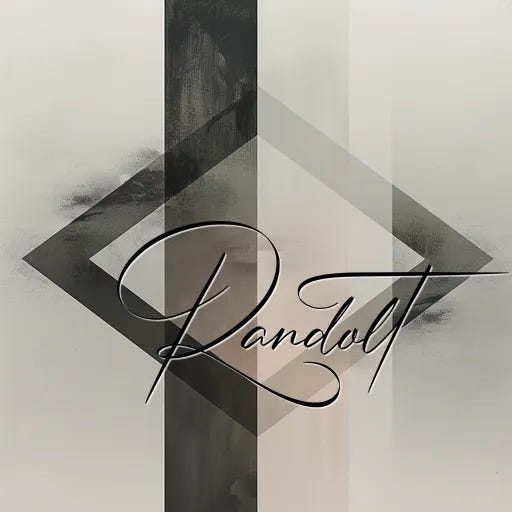 Geometric art with overlapping black and gray shapes on a light background, featuring elegant script text "Randolt."