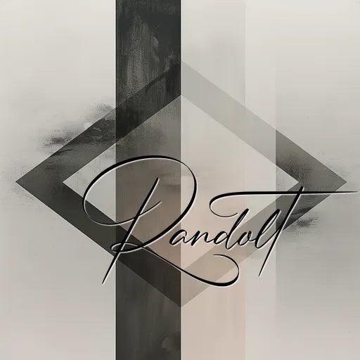 Geometric art with overlapping black and gray shapes on a light background, featuring elegant script text "Randolt."