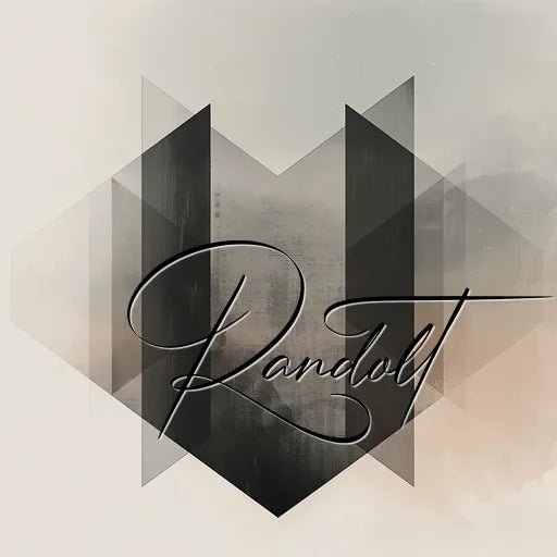 Abstract geometric design with layered black and gray shapes, overlayed with elegant script text "Randolt."