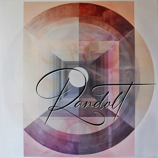 Geometric abstract art with overlapping circles, triangles in shades of pink, brown, and gray, featuring 'Randolt' text.