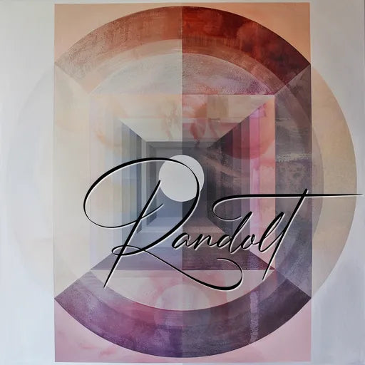 Geometric abstract art with overlapping circles, triangles in shades of pink, brown, and gray, featuring 'Randolt' text.