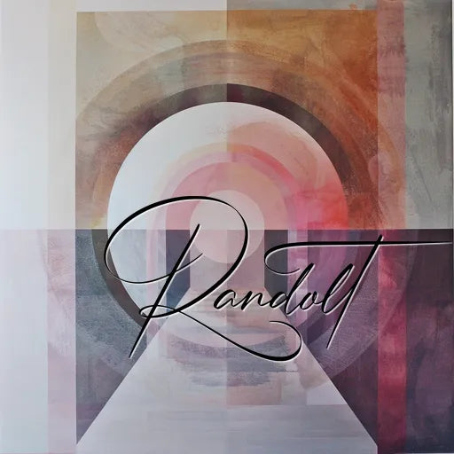 Geometric abstract artwork with overlapping circles and rectangles in pinks, browns, and grays, featuring cursive 'Randolt'.