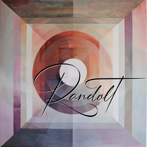 Geometric abstract art with overlapping circles and rectangles in pink and gray hues, featuring elegant cursive text "Randolt."