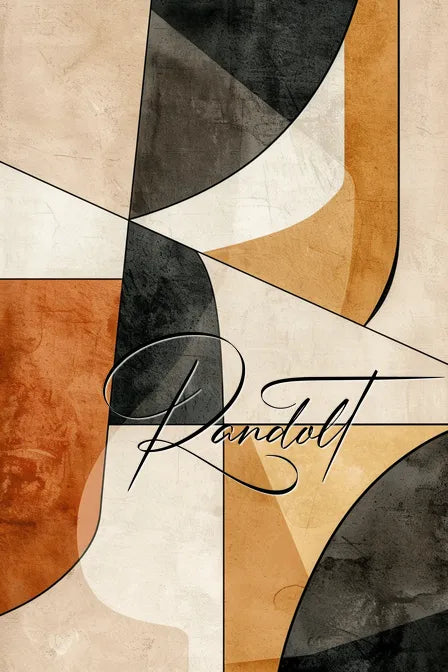 Geometric abstract art with overlapping shapes in earthy tones: beige, orange, black, and gray. Text reads 'Randolt.'