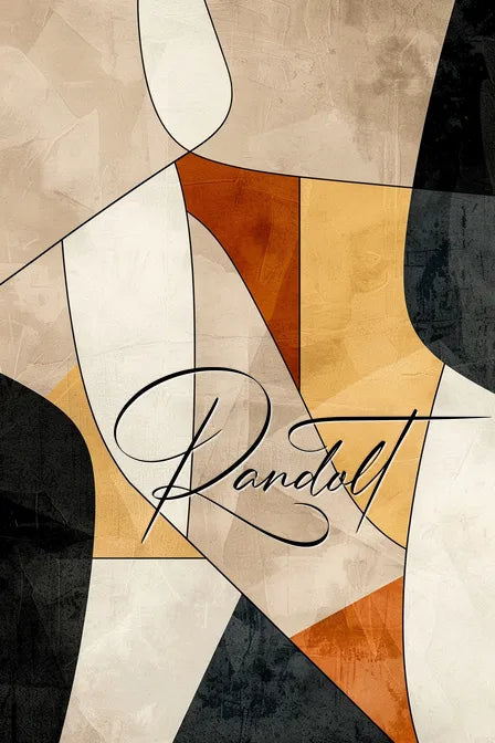 Abstract art with intersecting beige, orange, and black shapes, overlaid with cursive text reading 'Randolt.'