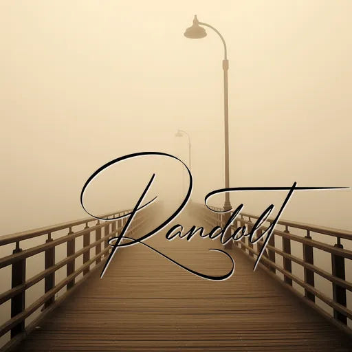 Foggy pier with vintage street lamps, overlayed with cursive text "Randolt."