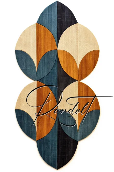 Geometric wall art with overlapping oval shapes in blue, orange, and beige, featuring the text 'Randolt' across the design.