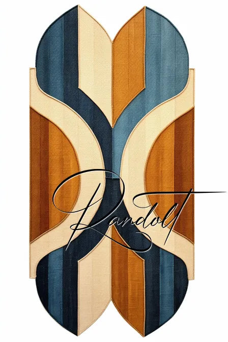 Geometric decorative design with blue, orange, and beige shapes and the word 'Randall' in script overlay.