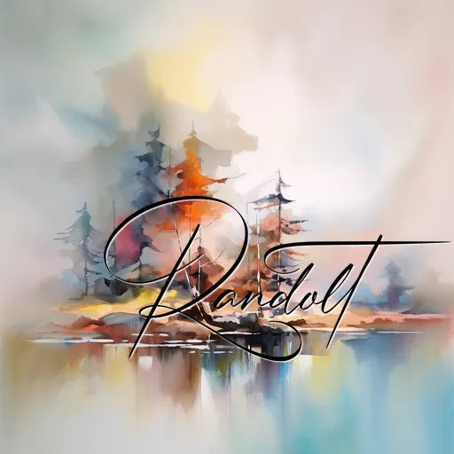 Abstract watercolor landscape with trees and lake, featuring soft colors and flowing script text overlay.