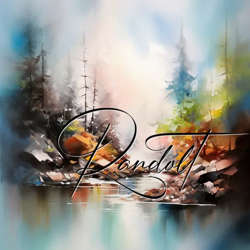 Impressionist landscape with tall trees and a lake, featuring the word 'Randolt' in elegant script.