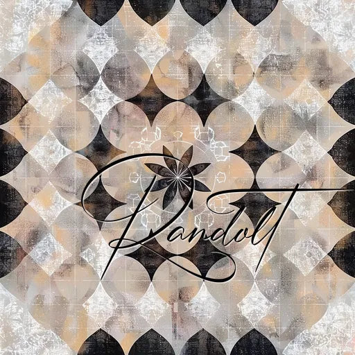 Tile pattern with geometric shapes in grey and black, featuring the word 'Randoft' in cursive overlay.