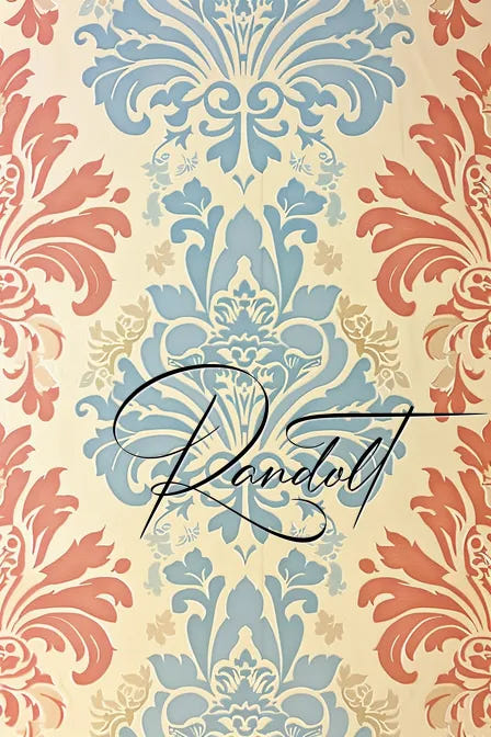 Vintage wallpaper with blue and red floral damask patterns and cursive handwriting overlay.