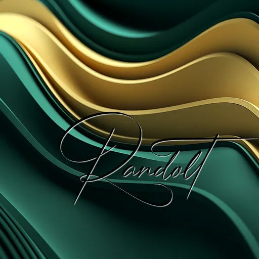 Abstract design with overlapping green and gold waves featuring elegant cursive text saying 'Randolf'.