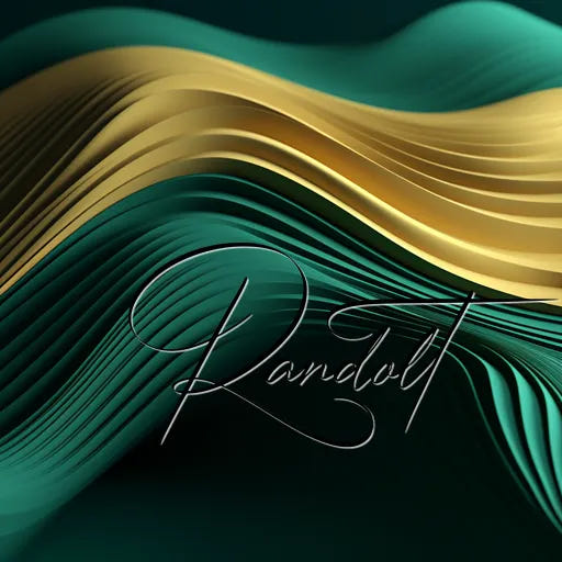 Abstract artwork with flowing green and gold waves, featuring elegant script reading "Randolt."