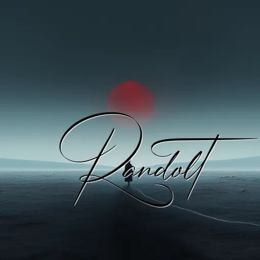 Silhouetted figure on dark landscape with large red sun, stylized 'Randolt' text overlays the scene.