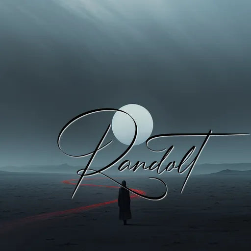 Mysterious figure in a dark, foggy landscape with distant mountains, under a moonlit sky. Text overlay: 'Randolt.'