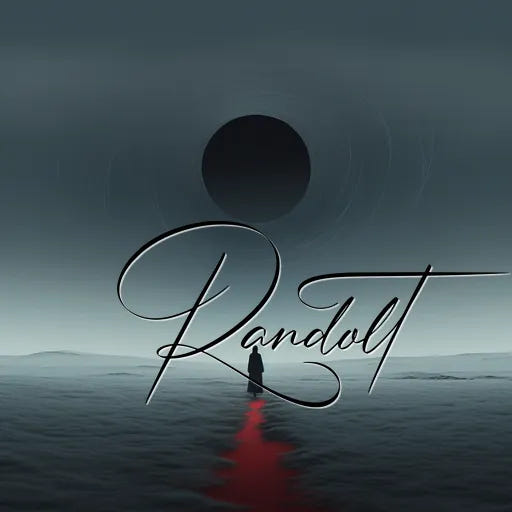 Silhouette walking towards a black circle on horizon, red reflection on water; text "Randolt" in elegant script.