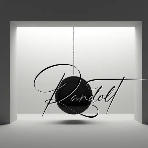 Minimalist art with a black pendulum and the word 'Randolt' in script font against a white background in a lit room.