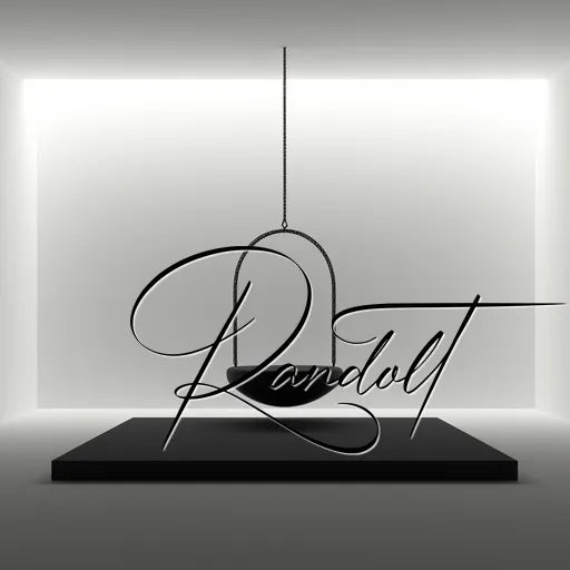 Minimalist art installation featuring "Randolt" in elegant script with a suspended black sculpture in a lit box.