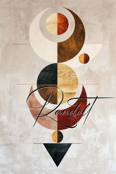 Abstract geometric shapes with earthy tones and bold script text on a textured background.