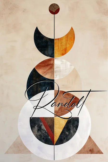 Modern geometric abstract artwork with circles, triangles, and semicircles in earthy tones and the word 'Randolt' on it.