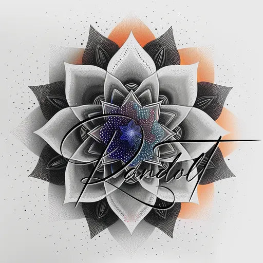 Intricate black and white mandala design with orange accents and cursive text overlay.