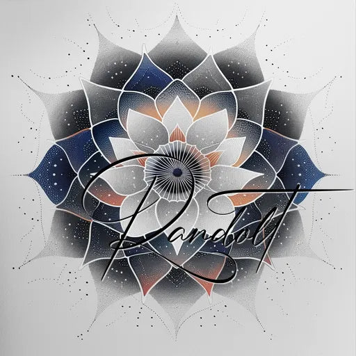 Mandala with interlocking petals in gradient colors, featuring an elegant cursive script across the center.