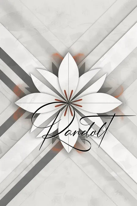 Geometric flower design with overlapping petals and script text on a gray textured background.