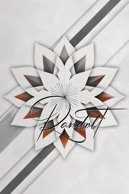 Geometric flower design with layered petals in white, gray, and brown, featuring elegant script text overlay.