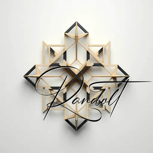 Geometric wooden wall art with triangular patterns and the word 'Randolt' overlaid in cursive.