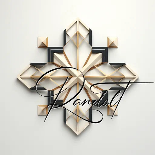 Geometric wall art with interlocking diamond shapes in black, white, and gold accents, stylized text overlayed: "Randolt."