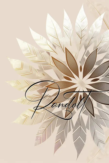 Geometric floral pattern in metallic hues with cursive text overlay on a beige background.