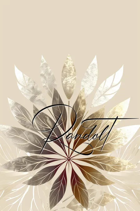 Elegant floral pattern with gold and silver leaves on a beige background, featuring cursive text.