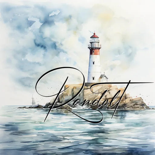 Watercolor painting of a lighthouse on rocky shore with a sailboat, ocean waves, and clouds; "Randall" text overlay.