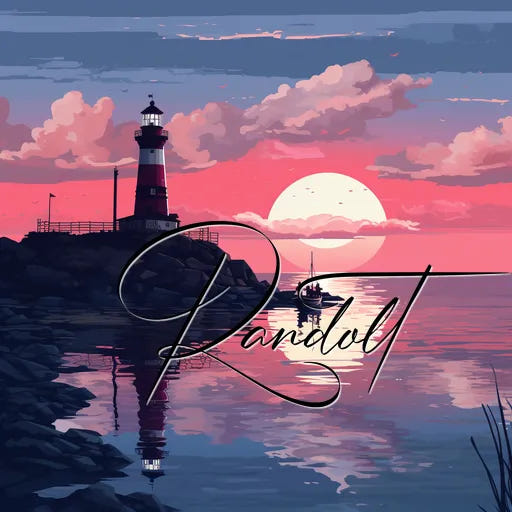 Sunset scene with lighthouse and calm sea, sailboat silhouetted, with "Randolt" script overlay.