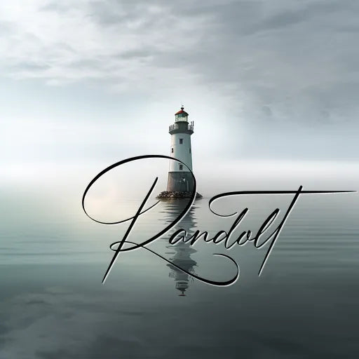 Solitary lighthouse on calm water under a cloudy sky, with elegant script reading 'Randolt' across the image.