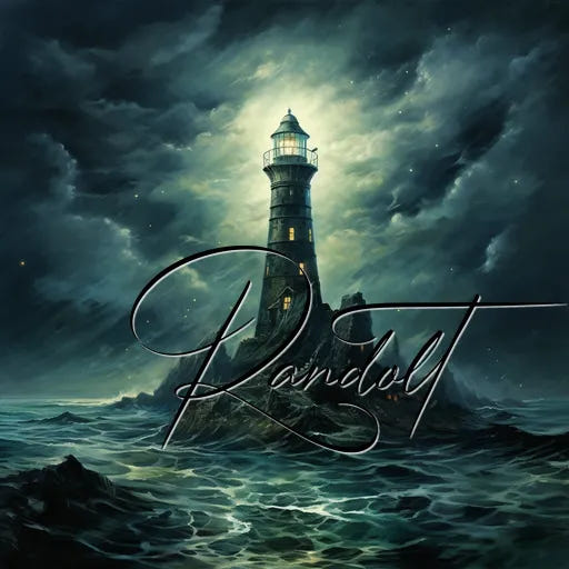 Dramatic seascape painting with a lighthouse and cloudy night sky, featuring the text 'Randolt' in cursive.