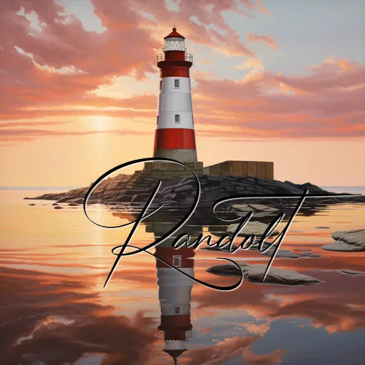 Lighthouse at sunset with reflection on water and cursive "Randoll" text overlay.