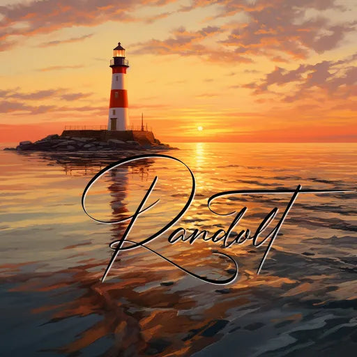 Lighthouse on rocky shore at sunset with calm ocean and clouds, "Randolt" written in cursive on the image.