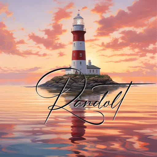 Red and white lighthouse on rocks at sunset, reflecting in calm water, with "Randolt" text overlay.