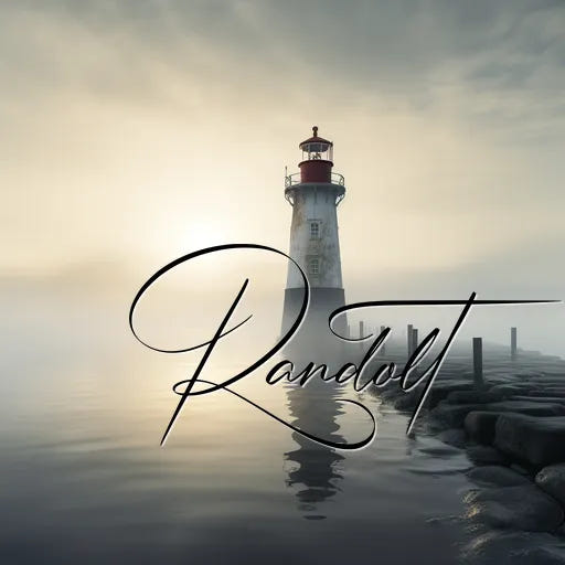 Lighthouse in misty seascape at dawn with 'Randolt' text overlay.