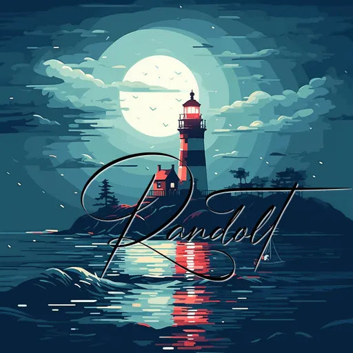 Illustration of a lighthouse by the sea under a full moon with "Randol" written in script across the scene.