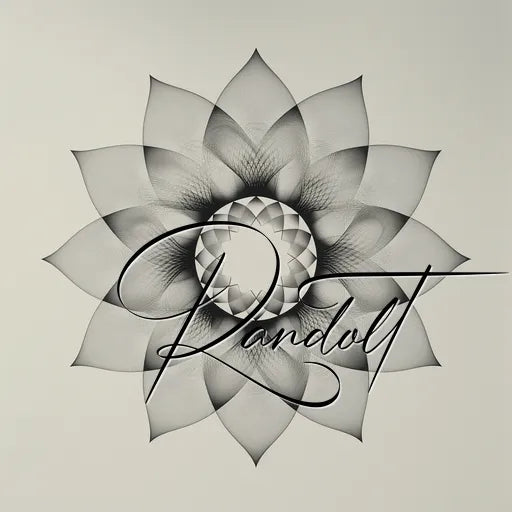 Geometric flower design with overlapping gray petals and elegant cursive text overlay on a light background.