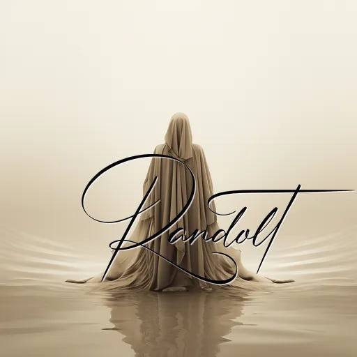 Figure in a cloak on a misty landscape with elegant cursive lettering "Randolt" overlaid.