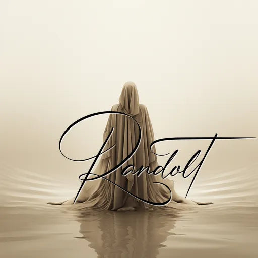 Figure in a cloak on a misty landscape with elegant cursive lettering "Randolt" overlaid.